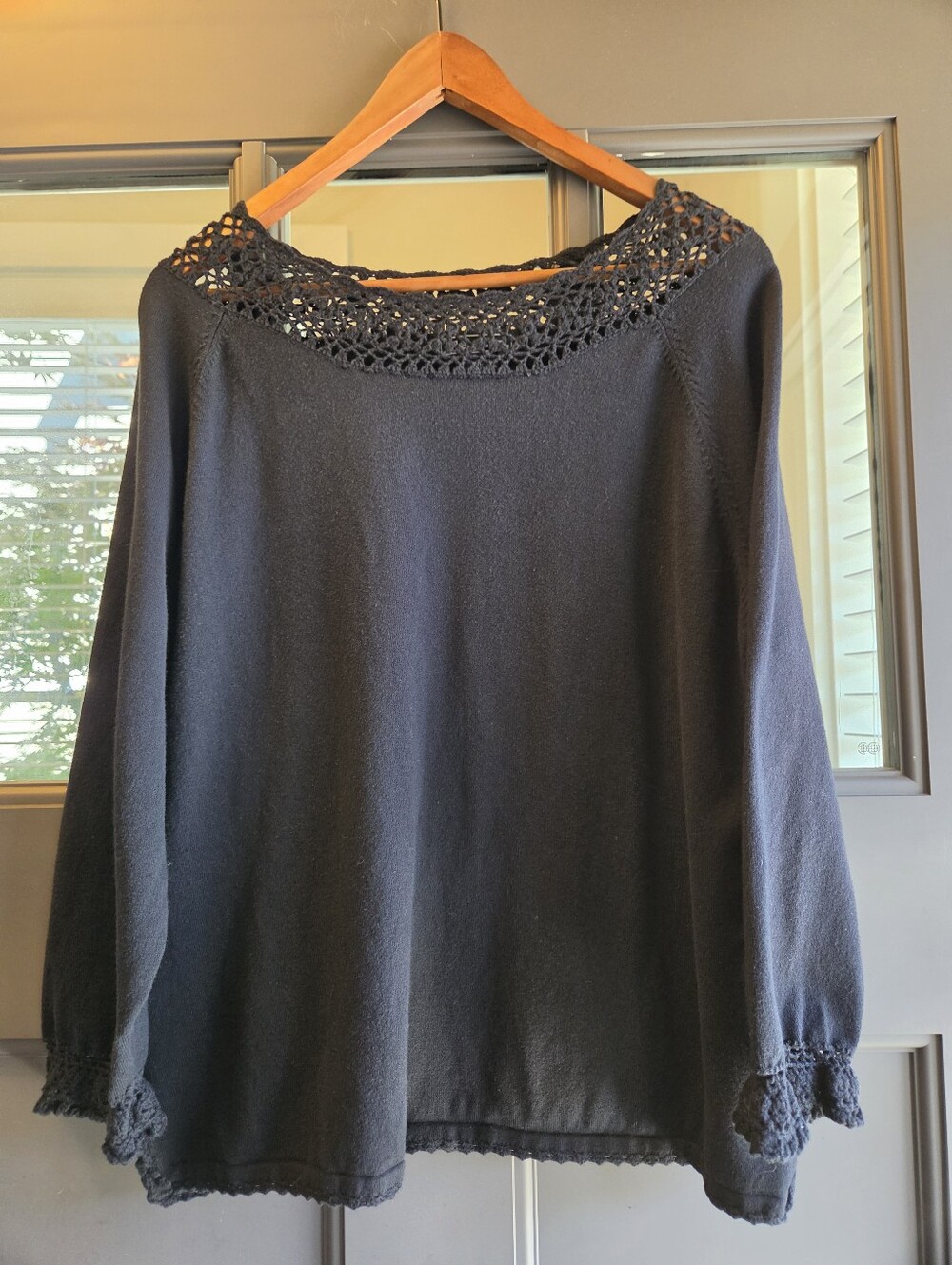 Elementz Black Open Work Crochet Neck Knit Blouse Sweater Long Sleeve XL